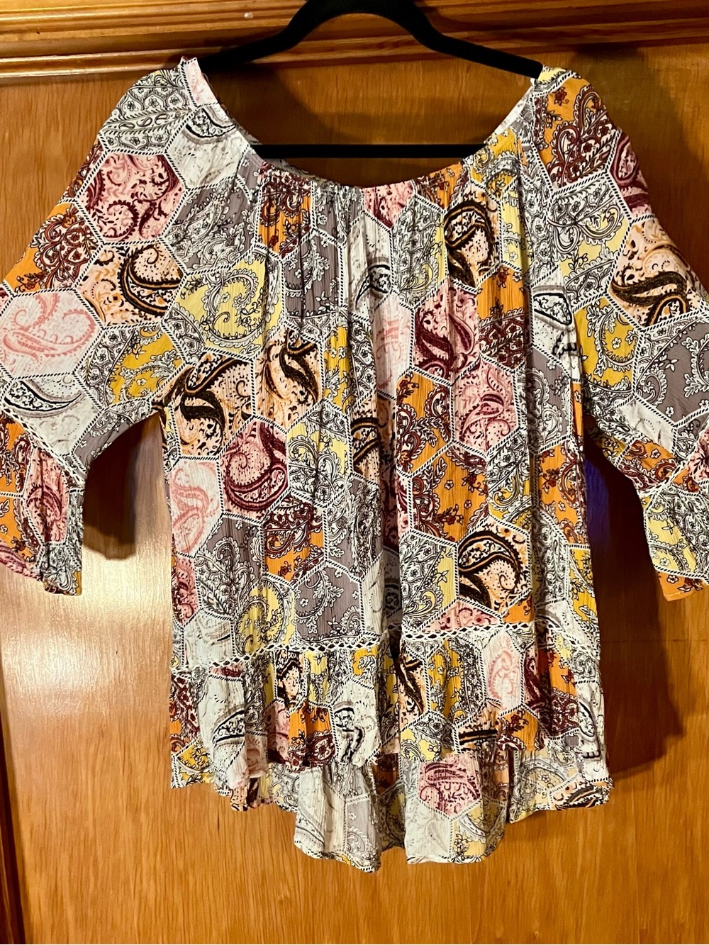 Fever Women’s Patchwork Paisley Peasant Top - Yellow, Pink, Gray